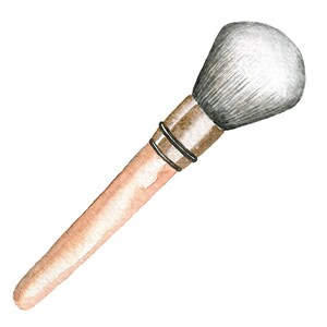 May include: A watercolour illustration of a makeup brush with a light brown wooden handle and a fluffy white brush head.