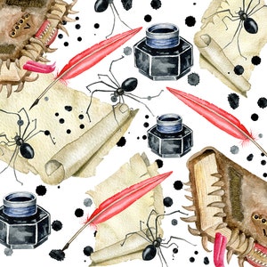 May include: Watercolor illustration featuring a repeating pattern of antique scrolls, red quill pens, black inkwells, and spiders. The design includes splatters of black ink and a monster book.
