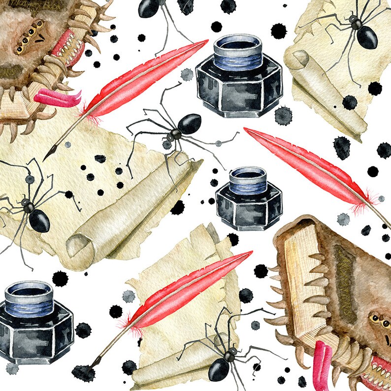 May include: Watercolor illustration featuring a repeating pattern of antique scrolls, red quill pens, black inkwells, and spiders. The design includes splatters of black ink and a monster book.