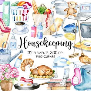 Clipart gospodarstwa domowego, akwarelowe ilustracje gospodarstwa domowego, ogrodnictwo, gotowanie, sprzątanie domu, codzienny planer, rzeczy domowe, gospodyni domowa, zakupy