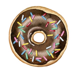 May include: A chocolate donut with colorful sprinkles. The donut is glazed and has a hole in the center.