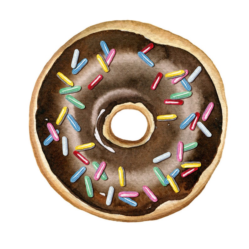 May include: A chocolate donut with colorful sprinkles. The donut is glazed and has a hole in the center.