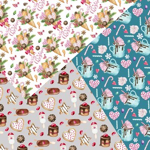 May include: A seamless pattern featuring a variety of Christmas-themed illustrations. The pattern includes gingerbread cookies, candy canes, hot chocolate, and other festive treats. The illustrations are painted in a watercolor style and have a whimsical and festive feel.