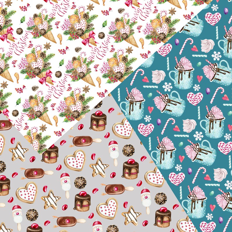 May include: A seamless pattern featuring a variety of Christmas-themed illustrations. The pattern includes gingerbread cookies, candy canes, hot chocolate, and other festive treats. The illustrations are painted in a watercolor style and have a whimsical and festive feel.