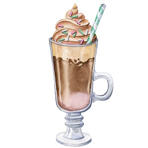 May include: A tall glass of iced coffee with whipped cream and sprinkles topped with a green and white striped straw.