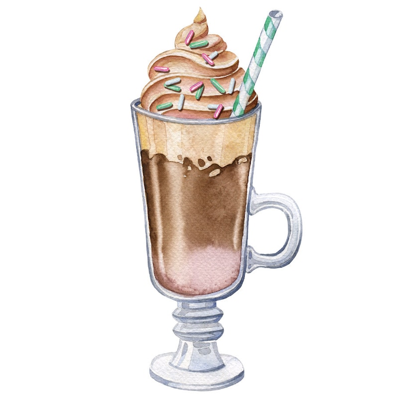 May include: A tall glass of iced coffee with whipped cream and sprinkles topped with a green and white striped straw.