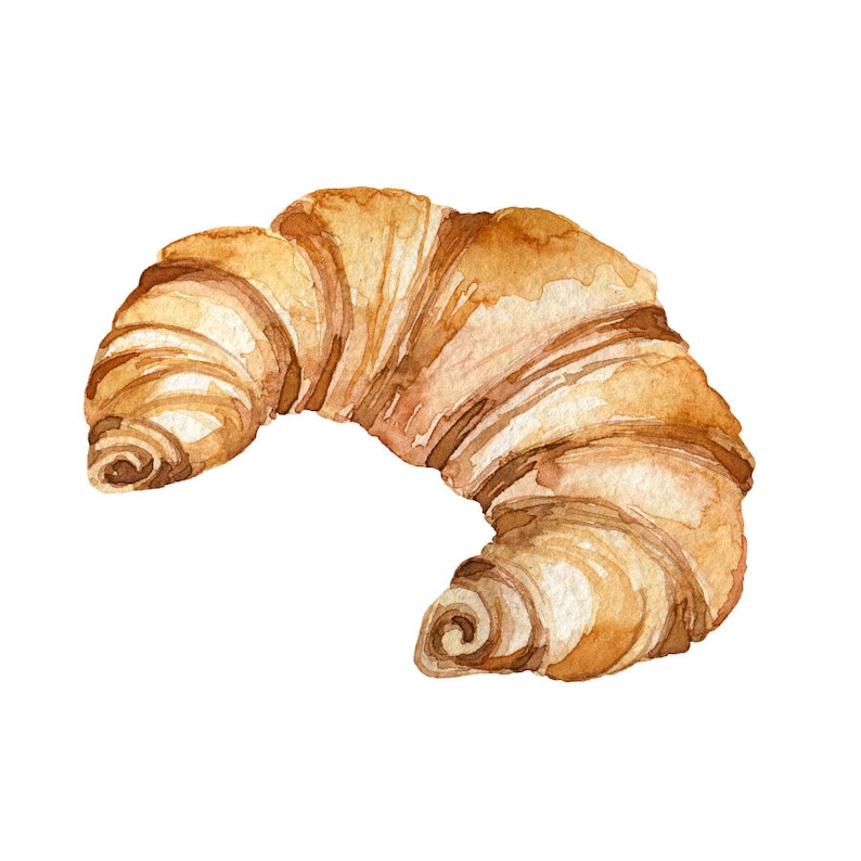 May include: A watercolor painting of a croissant, a flaky pastry made from dough, with a golden brown color.