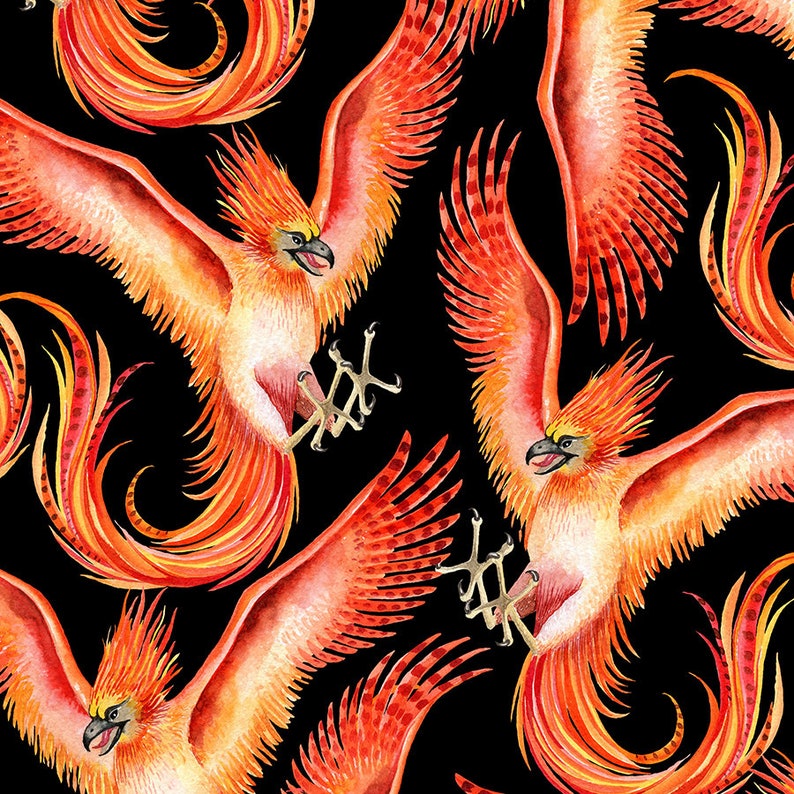 May include: Watercolor illustration of phoenix birds in flight, featuring vibrant red, orange, and yellow feathers against a black background. The birds have outstretched wings and detailed talons, creating a dynamic and artistic pattern.