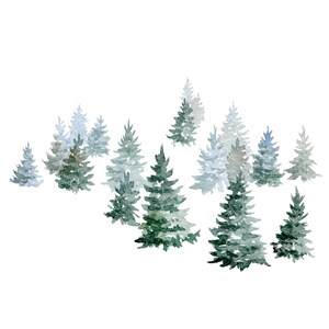 May include: Watercolour painting of a forest with many green and blue trees. The trees are painted in a loose, abstract style, giving the impression of a snowy forest.