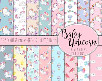 16 Seamless Watercolor unicorn Papers, Seamless Digital paper,Baby unicorn Pattern, Baby Birthtday pattern,Baby Shower Pattern,Scrapbooking