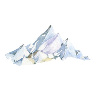 May include: Watercolour painting of a snow-capped mountain range with a purple hue. The mountain peaks are covered in white snow and the base of the mountains is a light brown colour.