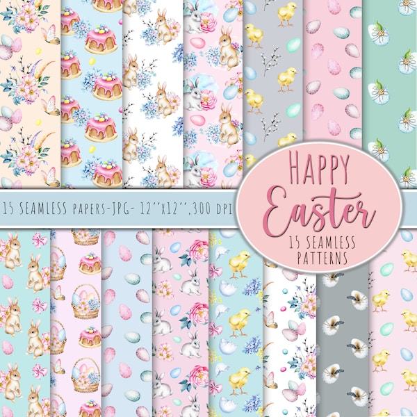 Seamless Watercolor Easter Papers, Easter seamless Digital paper, Easter Seamless Pattern, Easter bunny pattern, Easter Eggs Pattern, Chick