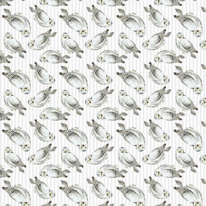 May include: A repeating pattern of watercolor snowy owls on a white background with vertical gray stripes. The owls are white with black markings and yellow eyes, and are oriented in various directions.