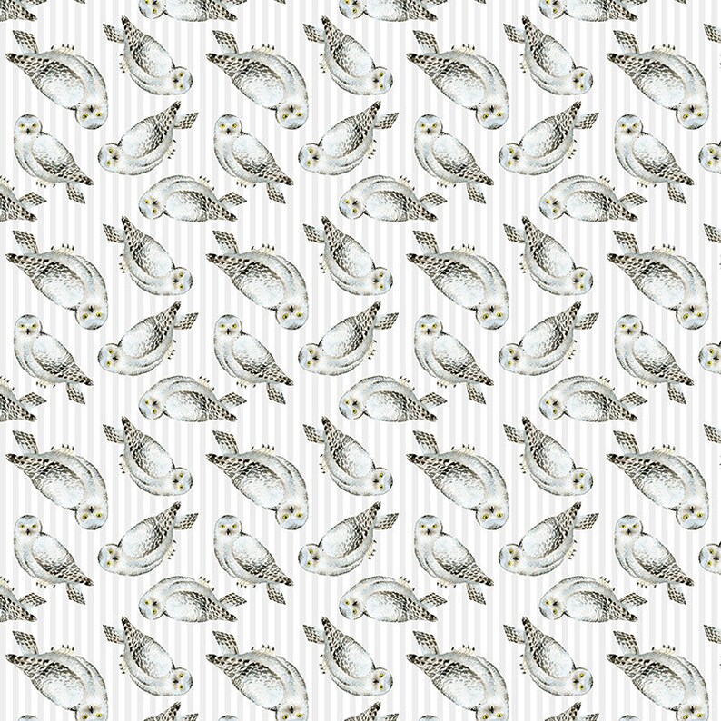 May include: A repeating pattern of watercolor snowy owls on a white background with vertical gray stripes. The owls are white with black markings and yellow eyes, and are oriented in various directions.