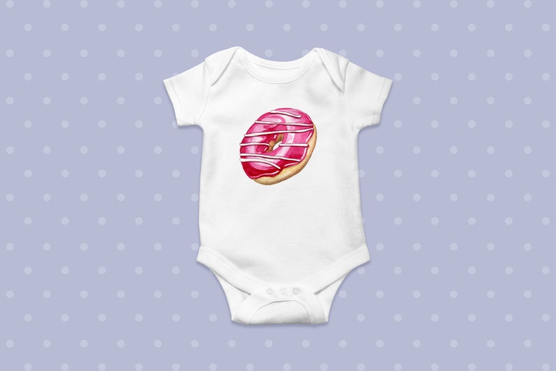 May include: White baby onesie with a pink and white donut graphic.