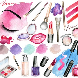 May include: A watercolour illustration of various makeup products, including eyeshadow palettes, lipstick, eyeliner, mascara, nail polish, and brushes. The illustration is set against a white background with splashes of pink, blue, and purple watercolour.