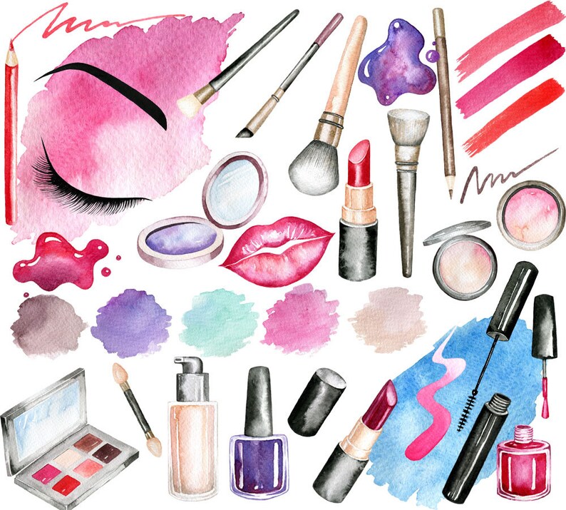 May include: A watercolour illustration of various makeup products, including eyeshadow palettes, lipstick, eyeliner, mascara, nail polish, and brushes. The illustration is set against a white background with splashes of pink, blue, and purple watercolour.