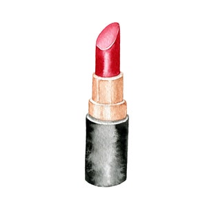 May include: A red lipstick with a gold and black tube.