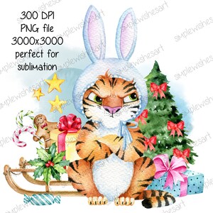 Tigre de Natal fofo PNG, designs de sublimação de Natal, design de camiseta de Natal, Natal PNG 300 DPI, download instantâneo de sublimação