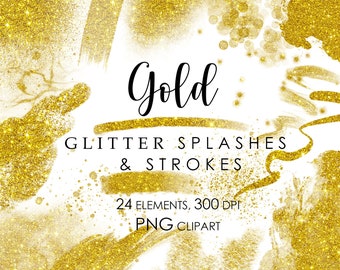 Salpicos e traços de brilho dourado, clipart de respingos de ouro, formas e fundos de ouro, bolhas, clipart de pinceladas, elementos de design de brilho