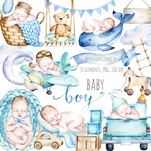 Clipart de bebé recién nacido, ¡Es un niño!, Baby Shower de cumpleaños, Anuncio de nacimiento de recién nacido en acuarela, Lindo bebé, Invitaciones de baby shower