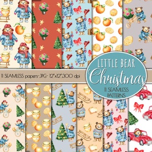Cute Little bear Christmas Patterns, modelli di acquerello senza soluzione di continuità, carte digitali senza soluzione di continuità, orso di Natale, orso bruno, simpatico orso acquerello