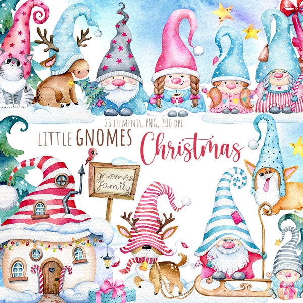 Clipart de Gnomes de Noël, Clipart de Noël aquarelle, Gnomes scandinaves mignons, Décor de vacances, Clipart de famille Gnomes, Salutations de Vacances, PNG