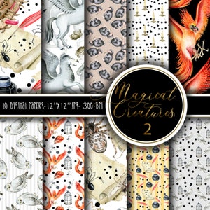 Op de afbeelding: Een verzameling van tien digitale papieren, elk 30,48 cm x 30,48 cm, met aquarel illustraties van magische wezens. Ontwerpen omvatten uilen, feniksen, spinnen en pegasus. De titel "Magical Creatures 2" wordt weergegeven.