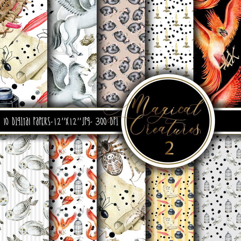 May include: A collection of ten digital papers, each 12" x 12", featuring watercolor illustrations of magical creatures. Designs include owls, phoenixes, spiders, and pegasus. The title "Magical Creatures 2" is displayed on a black circular background.