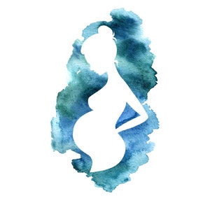 Puede incluir: Silueta blanca de una persona embarazada sobre un fondo de acuarela. La acuarela es una mezcla de tonos azules y verdes, creando un fondo suave y art&iacute;stico para la figura expectante. La imagen evoca temas de embarazo y maternidad.