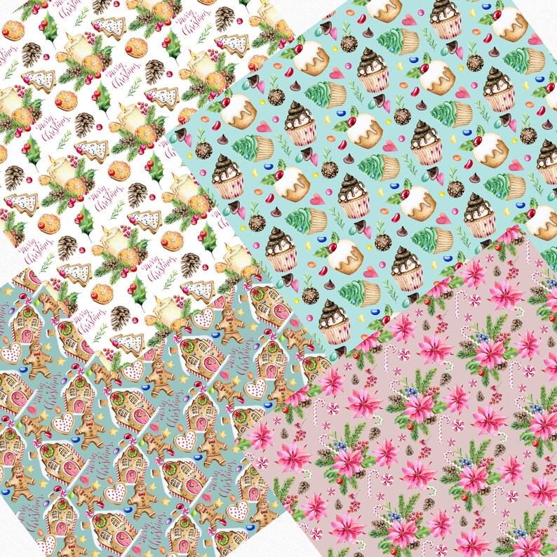 May include: Four different Christmas themed digital paper designs. The first design features a white background with gingerbread houses, gingerbread men, pine cones, and the text "Merry Christmas". The second design features a light blue background with cupcakes, candy canes, and chocolate candies. The third design features a pink background with poinsettias, pine cones, and candy canes. The fourth design features a white background with candles, pine cones, and the text "Merry Christmas".