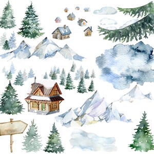 May include: Watercolour illustration of a winter wonderland scene with snow-capped mountains, pine trees, and cosy wooden cabins. The illustration features a variety of blue, white, and brown tones, creating a peaceful and serene atmosphere.