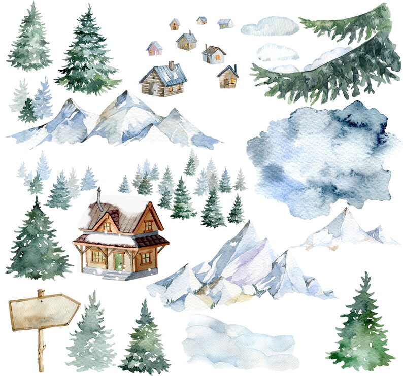 May include: Watercolour illustration of a winter wonderland scene with snow-capped mountains, pine trees, and cosy wooden cabins. The illustration features a variety of blue, white, and brown tones, creating a peaceful and serene atmosphere.