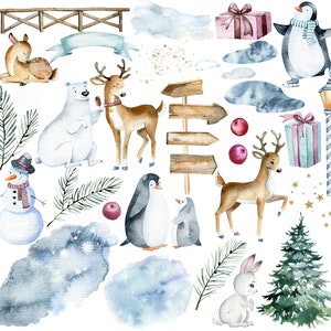 May include: Watercolor illustrations of winter animals, including a polar bear, reindeer, penguins, a rabbit, and a deer. There are also winter-themed elements like a snowman, a Christmas tree, a gift box, and a wooden sign.