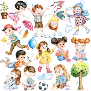 Pode incluir: Ilustra&ccedil;&atilde;o de aquarela de crian&ccedil;as brincando ao ar livre. A ilustra&ccedil;&atilde;o apresenta um grupo diverso de crian&ccedil;as envolvidas em v&aacute;rias atividades, incluindo brincar com uma pipa, ler livros, jogar futebol e brincar com um cordeiro de brinquedo. A ilustra&ccedil;&atilde;o &eacute; pintada em um estilo caprichoso com cores brilhantes e detalhes l&uacute;dicos.