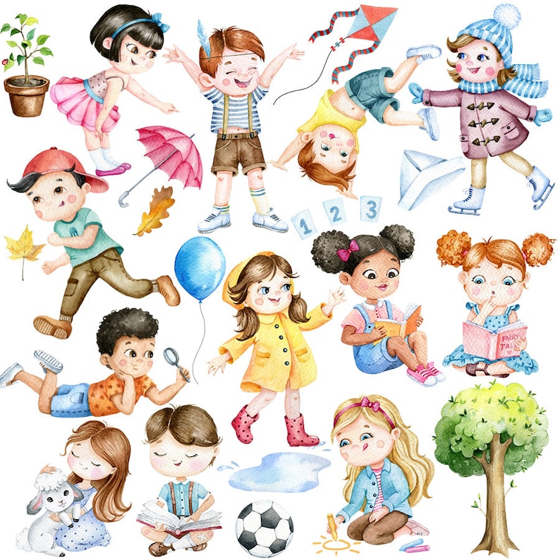 Pode incluir: Ilustra&ccedil;&atilde;o de aquarela de crian&ccedil;as brincando ao ar livre. A ilustra&ccedil;&atilde;o apresenta um grupo diverso de crian&ccedil;as envolvidas em v&aacute;rias atividades, incluindo brincar com uma pipa, ler livros, jogar futebol e brincar com um cordeiro de brinquedo. A ilustra&ccedil;&atilde;o &eacute; pintada em um estilo caprichoso com cores brilhantes e detalhes l&uacute;dicos.
