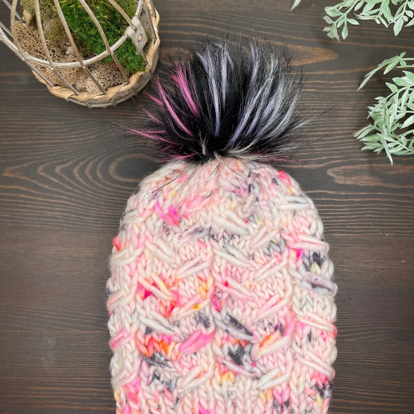 Adult Chunky Knit Fur Pom Pom Hat/White Pink Black Orange Beanie/Women Bulky Hat/Knit Beanie/Merino Wool Beanie/Painted Lady Beanie