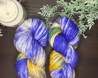 Hand Dyed Superwash Merino Wool Yarn: Light Super Bulky Blue Yellow Green