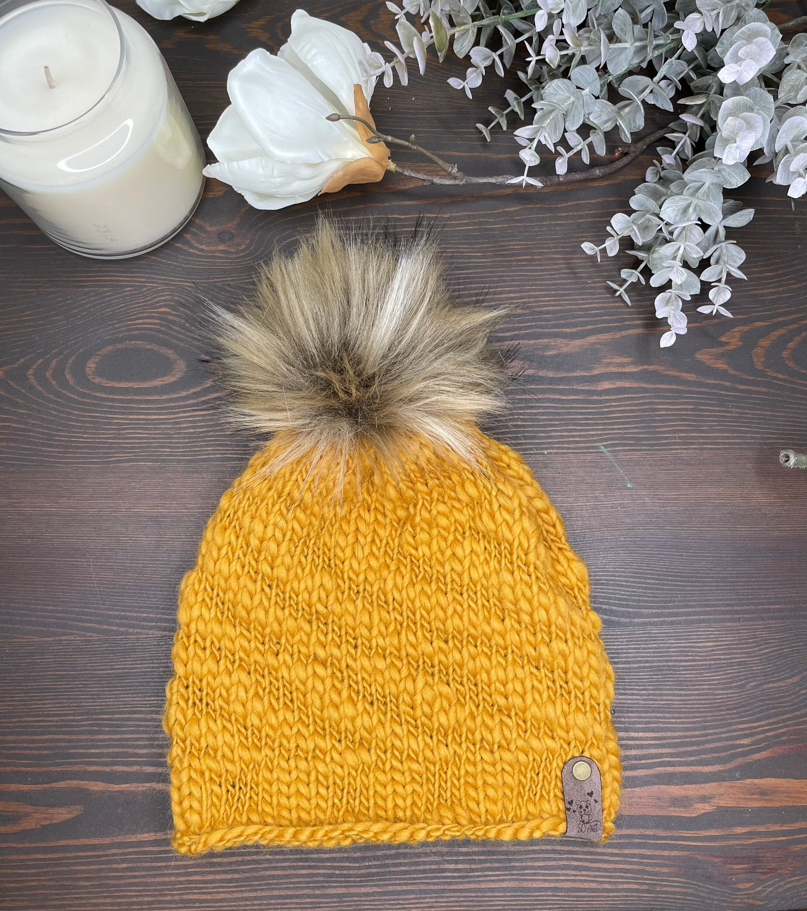 Chunky Knit Wool Beanie: Mustard Yellow Faux Fur Pom Pom - Etsy