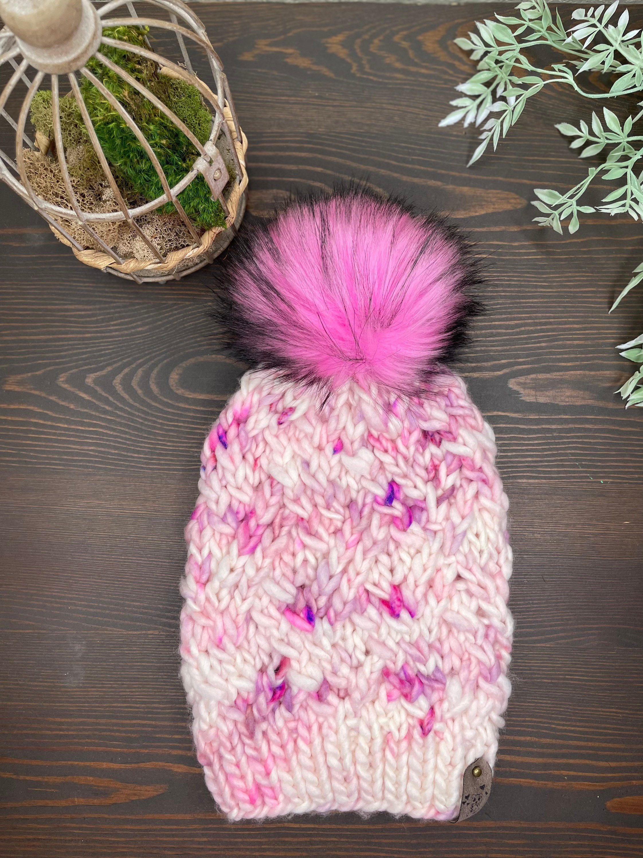 Handmade Chunky Knit Beanie w/ Faux Fur Pom | Pink Purple & Black | NWT Kids Jeweled Beanie With Faux Fur Pom – San Diego Hat Company main image 3
