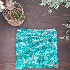 Adult Chunky Knit Neck Warmer/Blue White Orange Speckled Cowl/Cowl Neckwarmer/Zephyr Cowl/Aqua Cowl