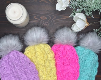 Adult Chunky Knit Fur Pom Pom Hat/Yellow Pink Purple Beanie/Women Bulky Hat/Soft Wool Beanie/Adult Knit Beanie/Merino Wool Alpaca Hat