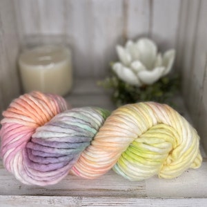 Hand Dyed Yarn, Super Bulky Yarn, Merino Wool - Super Bulky Rainbow Yarn, Pastel Rainbow Yarn, Pink Yarn, Green Yarn, Blue Yarn, Purple Yarn