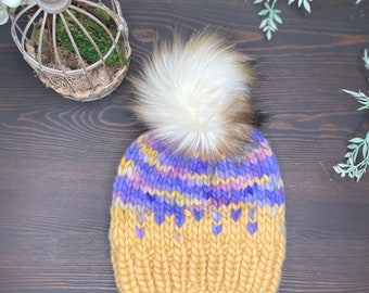 Adult Chunky Knit Fur Pom Pom Hat/Yellow Purple Blue Beanie/Fall Beanie/Women Bulky Hat/Knit Beanie/Merino Wool Beanie