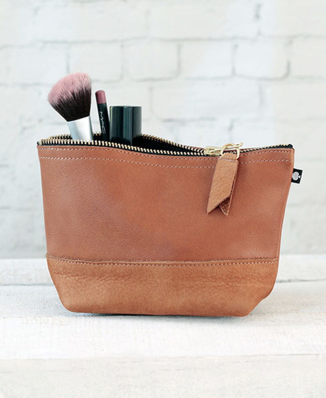 Genuine leather cosmetic bag manoo cognac brown Etsy
