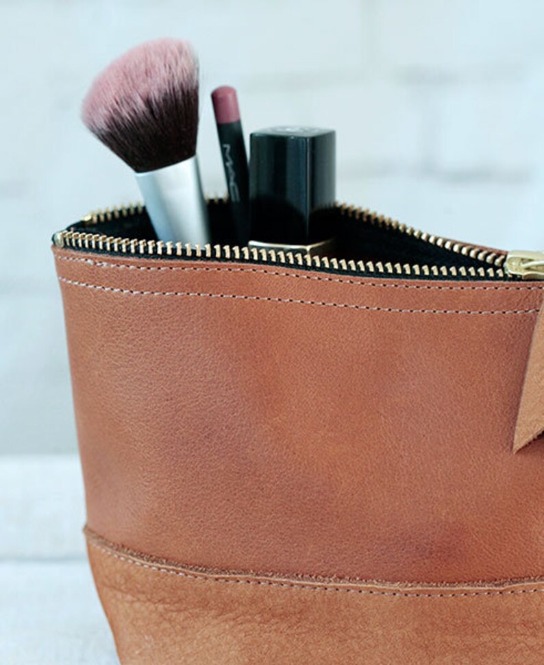 Genuine leather cosmetic bag manoo cognac brown Etsy