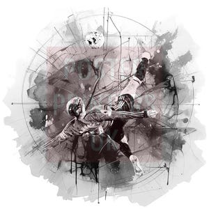 Könnte beinhalten: Eine Schwarzweißillustration eines Fußballspielers, der einen Ball tritt. Der Spieler befindet sich in der Luft, sein Bein ist ausgestreckt und sein Fuß steht kurz davor, den Ball zu treffen. Der Hintergrund ist ein Aquarell in Grau- und Rosatönen.