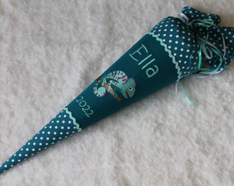 School cone made of chameleon fabric with desired name, date & cardboard blank