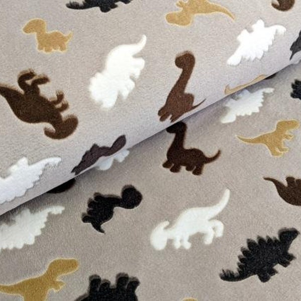 Fleece Dinos auf Sandgrau Kuschelstoff Meterware