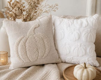 Pumpkin cushion cover 45 x 45 cm | Autumn decoration cushion cover | Beige with large pumpkin or off-white with small pumpkins | Autumn cushion